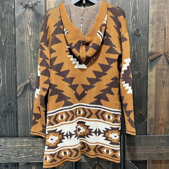 Lucky Brand Southwestern Aztec Cardigan S Open Brown Duster Cozy Hooded Casual - Picture 7 of 13